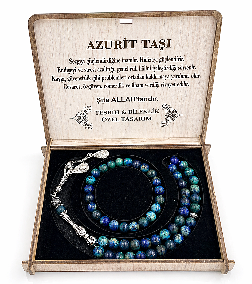 Azurit Doğal Taş Kutulu Tesbih ve Bileklik Seti - 1