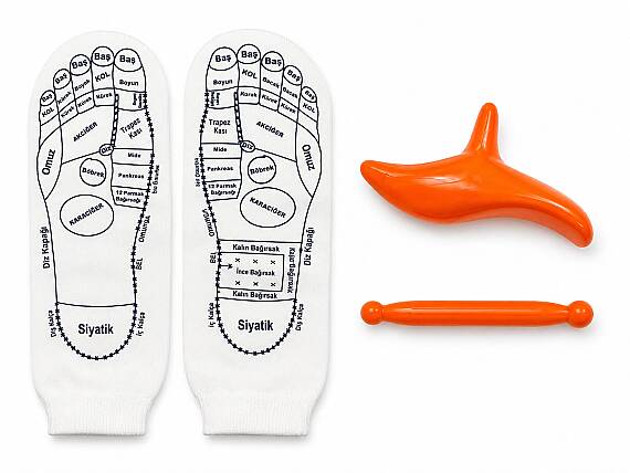 Fußreflexzonen-Massagesocken-Set – 1 Paar Reflexzonen-Socken mit 2 Holz-Reflexzonenstäben - 3