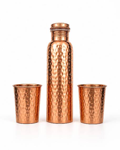 Patterned Copper Water Bottle Set with Cup – Pure Copper Water Bottle & Copper Cup Set - 1