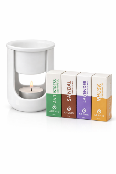 Set Brûleur à Huile Long + 4 Essences (Bois de Santal, Lavande, Musc, Anti-Stress) – Expérience Aromathérapie Relaxante - 1